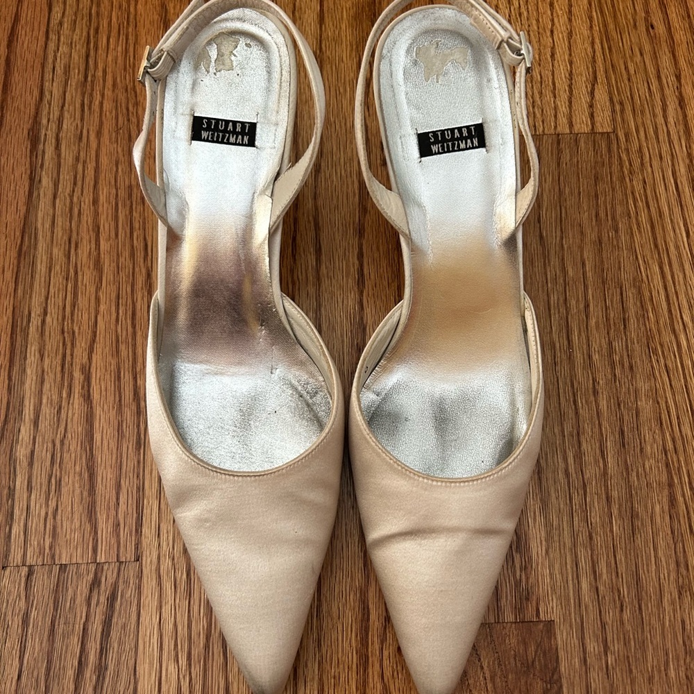Stuart Weitzman Pointed-toe slingback heels cream Fabric upper w ankle strap